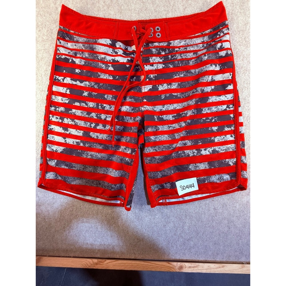 The North Face Mens Red Grey Striped Board Shorts Swim Trunks‎ Size 34 Regular